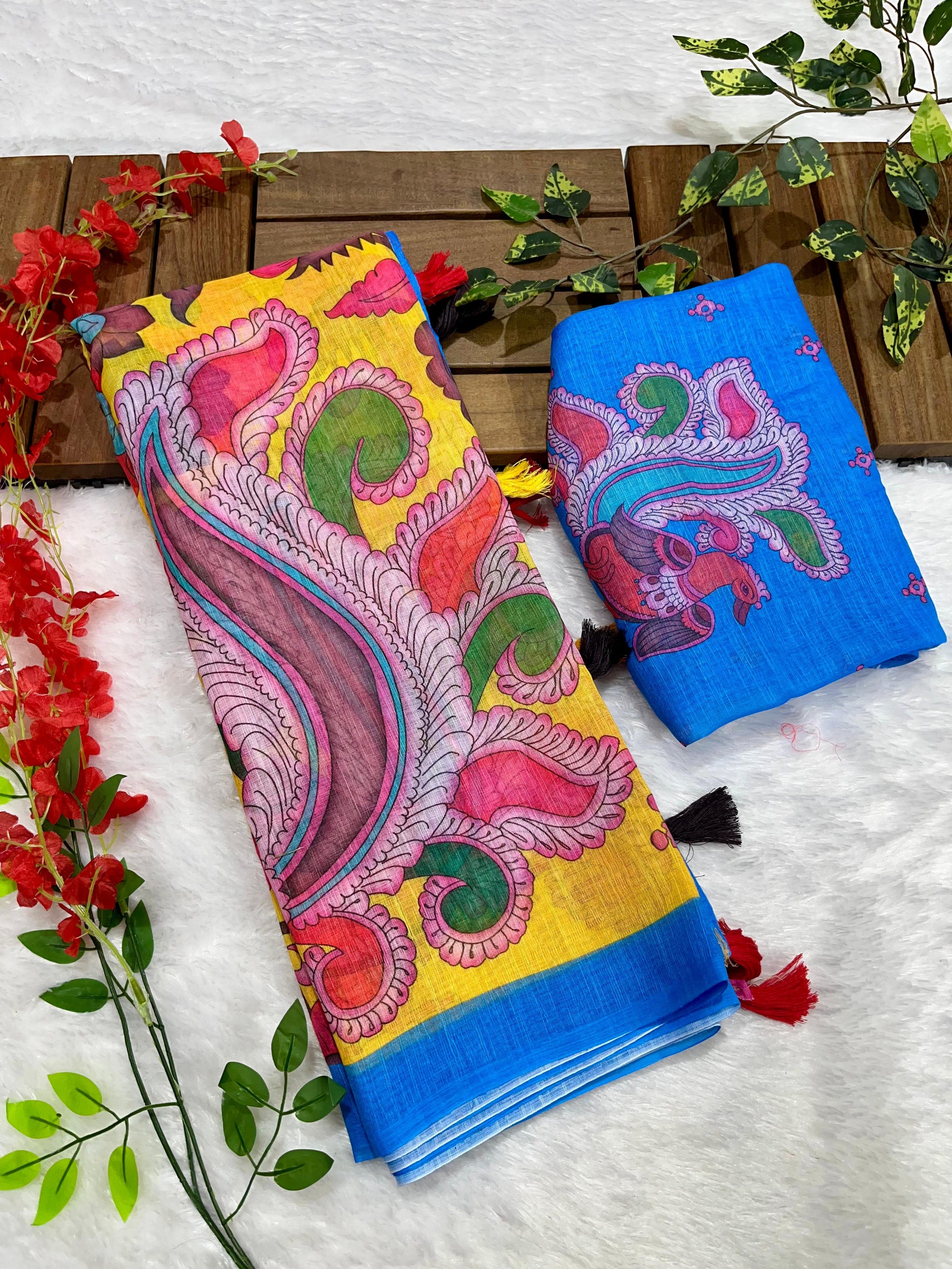 Mustard Linen Cotton Saree with Kalamkari Digital Prints & Designer Blouse