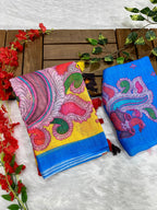 Mustard Linen Cotton Saree with Kalamkari Digital Prints & Designer Blouse