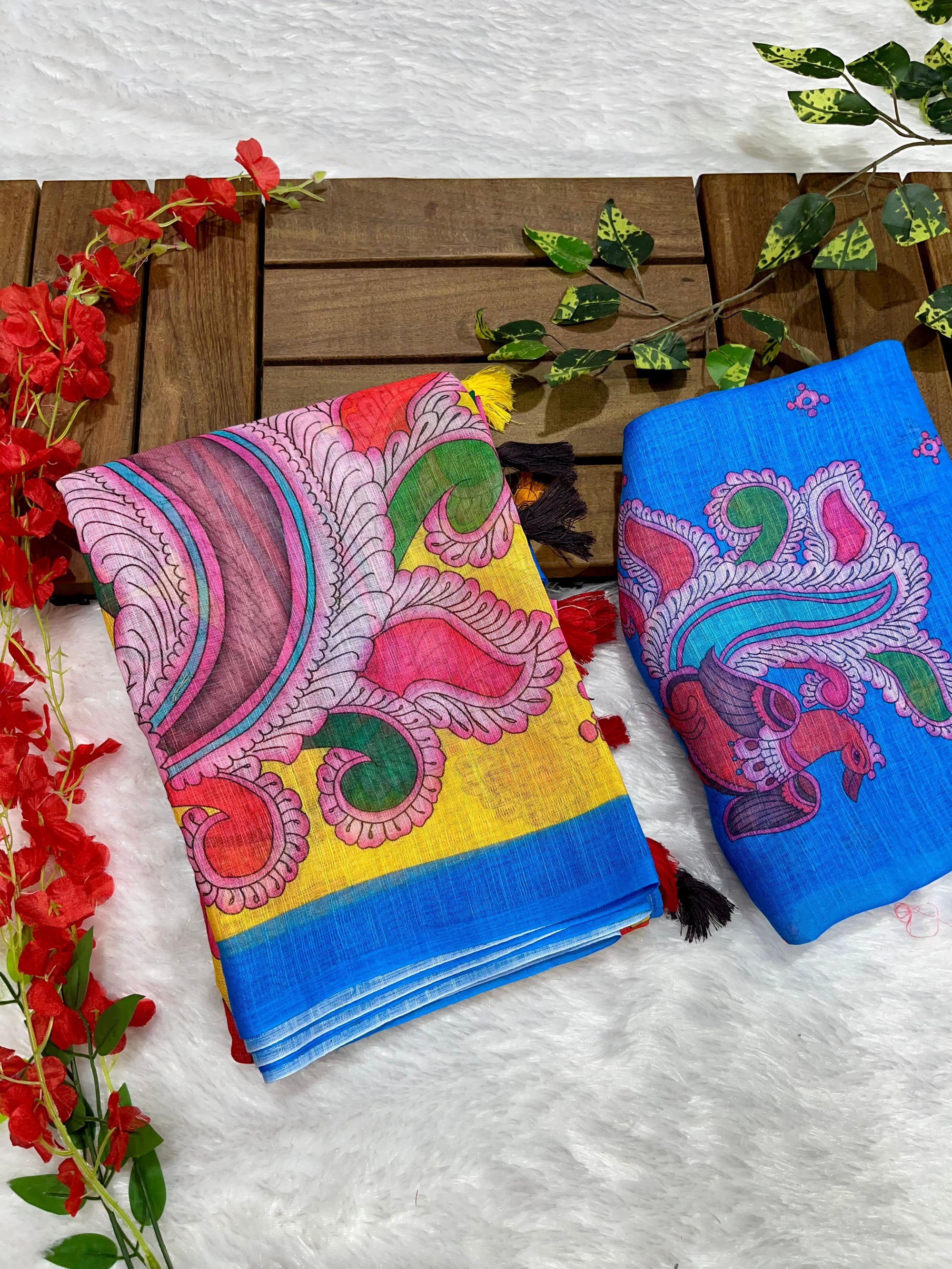 Mustard Linen Cotton Saree with Kalamkari Digital Prints & Designer Blouse