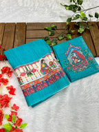 Bluish Rama Cotton Linen Saree with Madhubani Digital Prints
