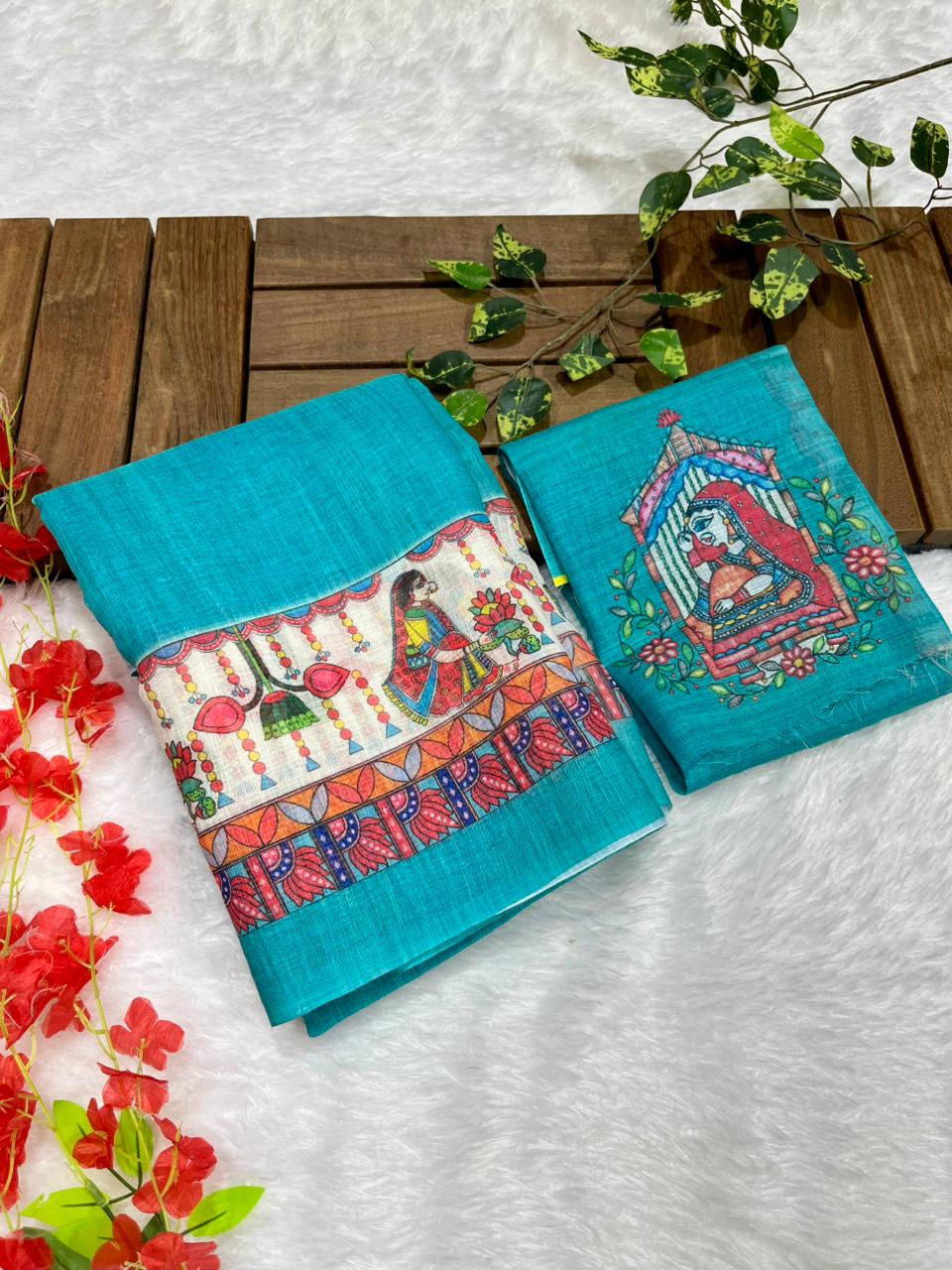 Bluish Rama Cotton Linen Saree with Madhubani Digital Prints