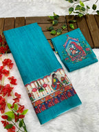 Bluish Rama Cotton Linen Saree with Madhubani Digital Prints