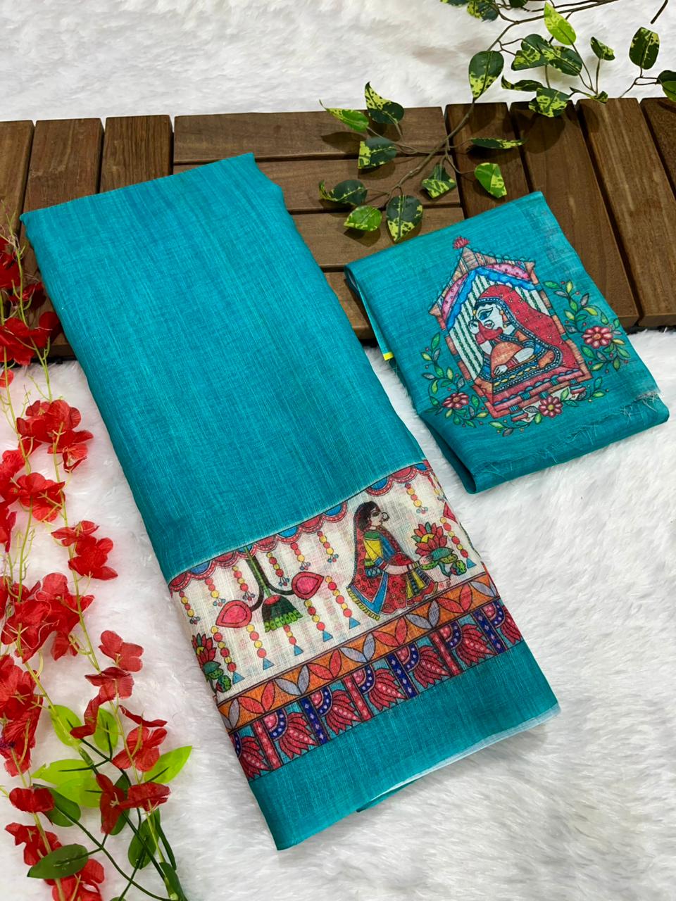 Bluish Rama Cotton Linen Saree with Madhubani Digital Prints