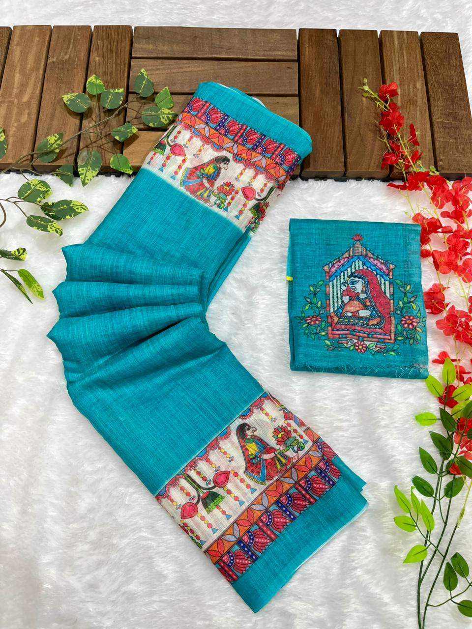 Bluish Rama Cotton Linen Saree with Madhubani Digital Prints