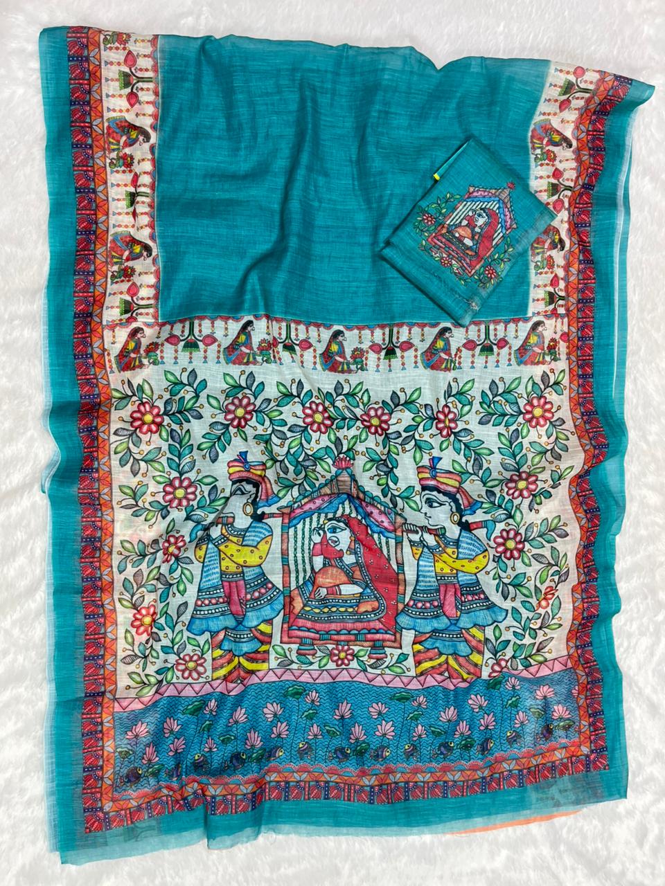 Bluish Rama Cotton Linen Saree with Madhubani Digital Prints