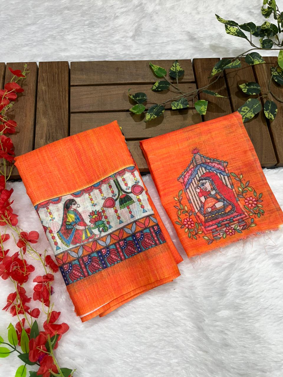 Orange Cotton Linen Saree with Madhubani Digital Prints