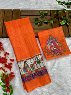 Orange Cotton Linen Saree with Madhubani Digital Prints