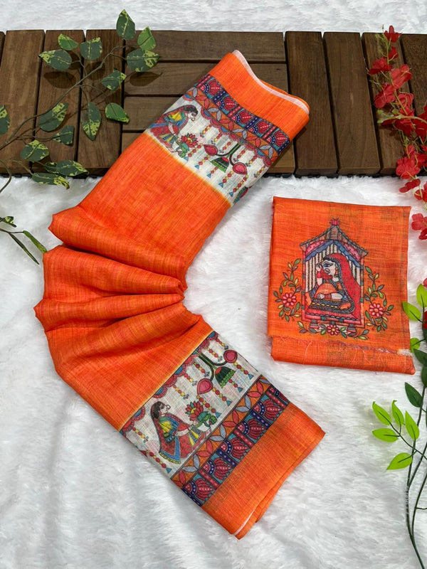 Orange Cotton Linen Saree with Madhubani Digital Prints