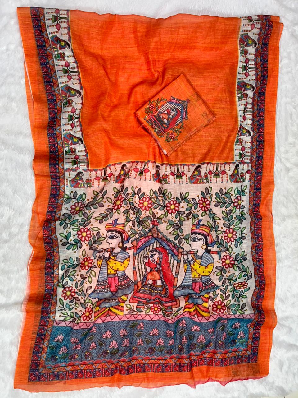Orange Cotton Linen Saree with Madhubani Digital Prints