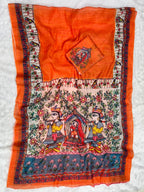 Orange Cotton Linen Saree with Madhubani Digital Prints