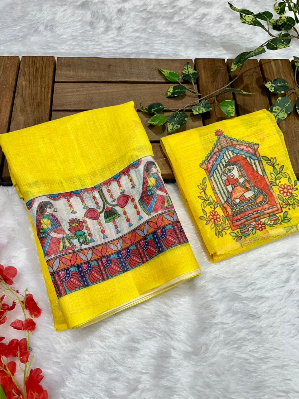 Yellow Cotton Linen Saree with Madhubani Digital Prints
