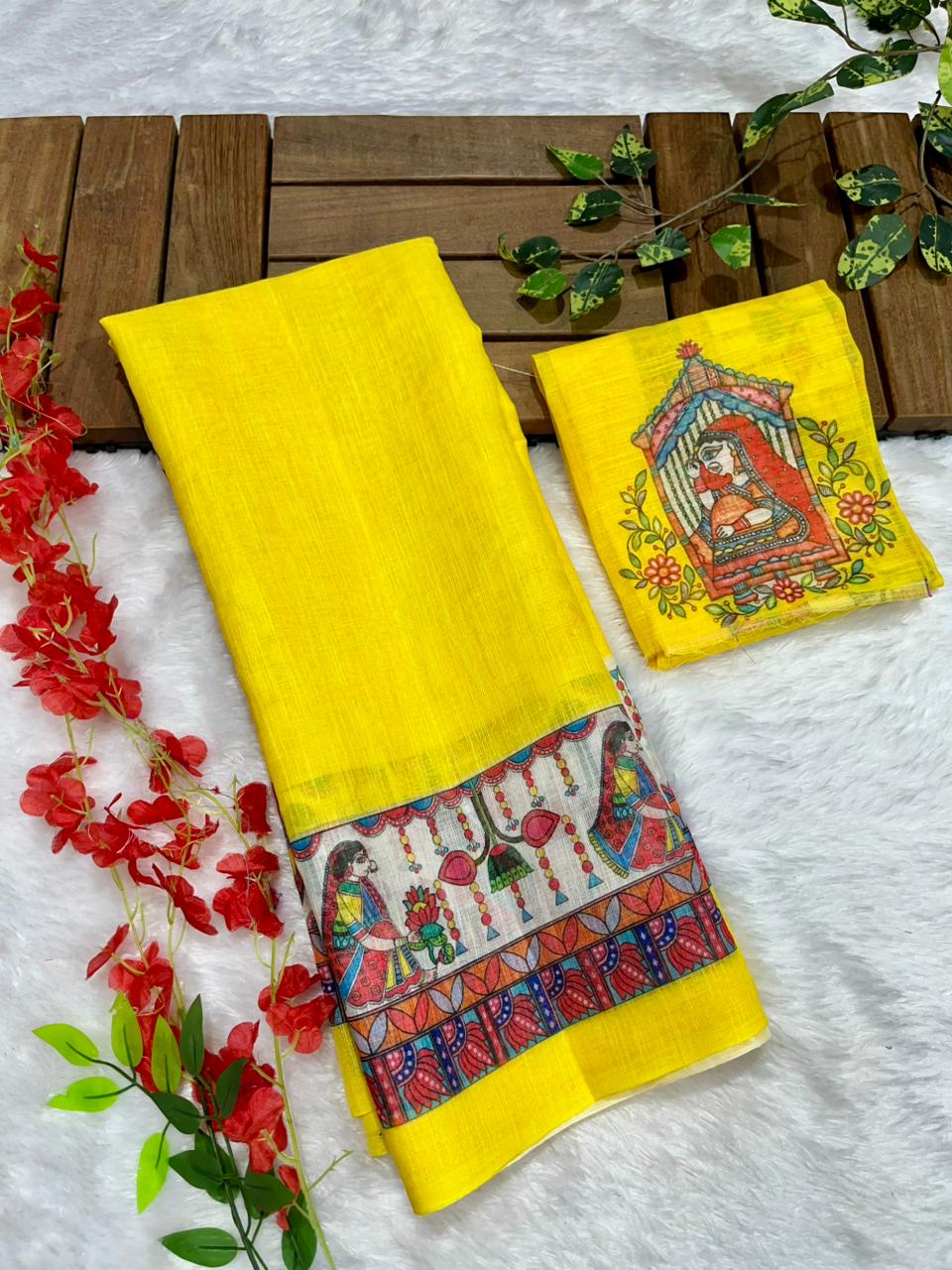 Yellow Cotton Linen Saree with Madhubani Digital Prints