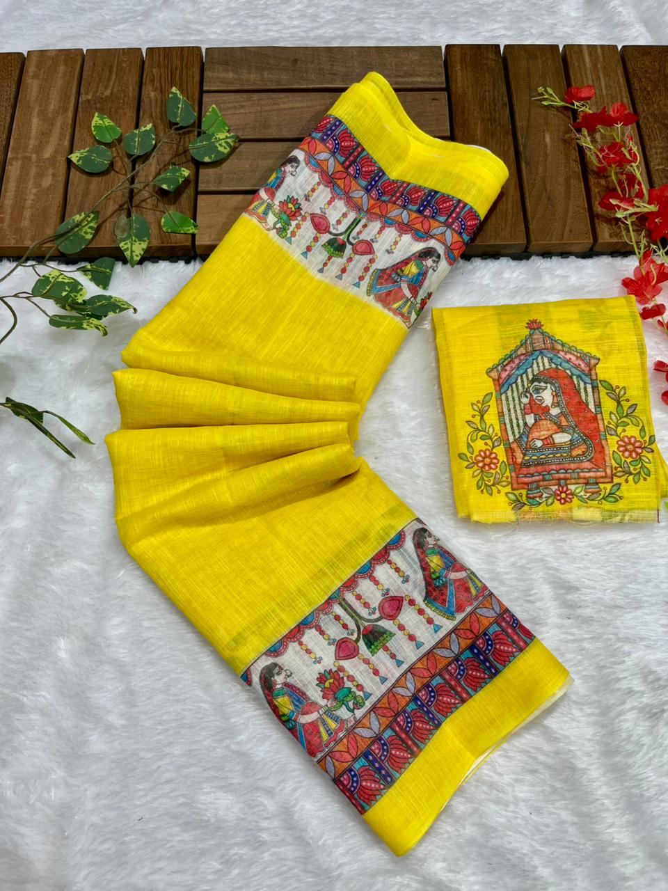 Yellow Cotton Linen Saree with Madhubani Digital Prints