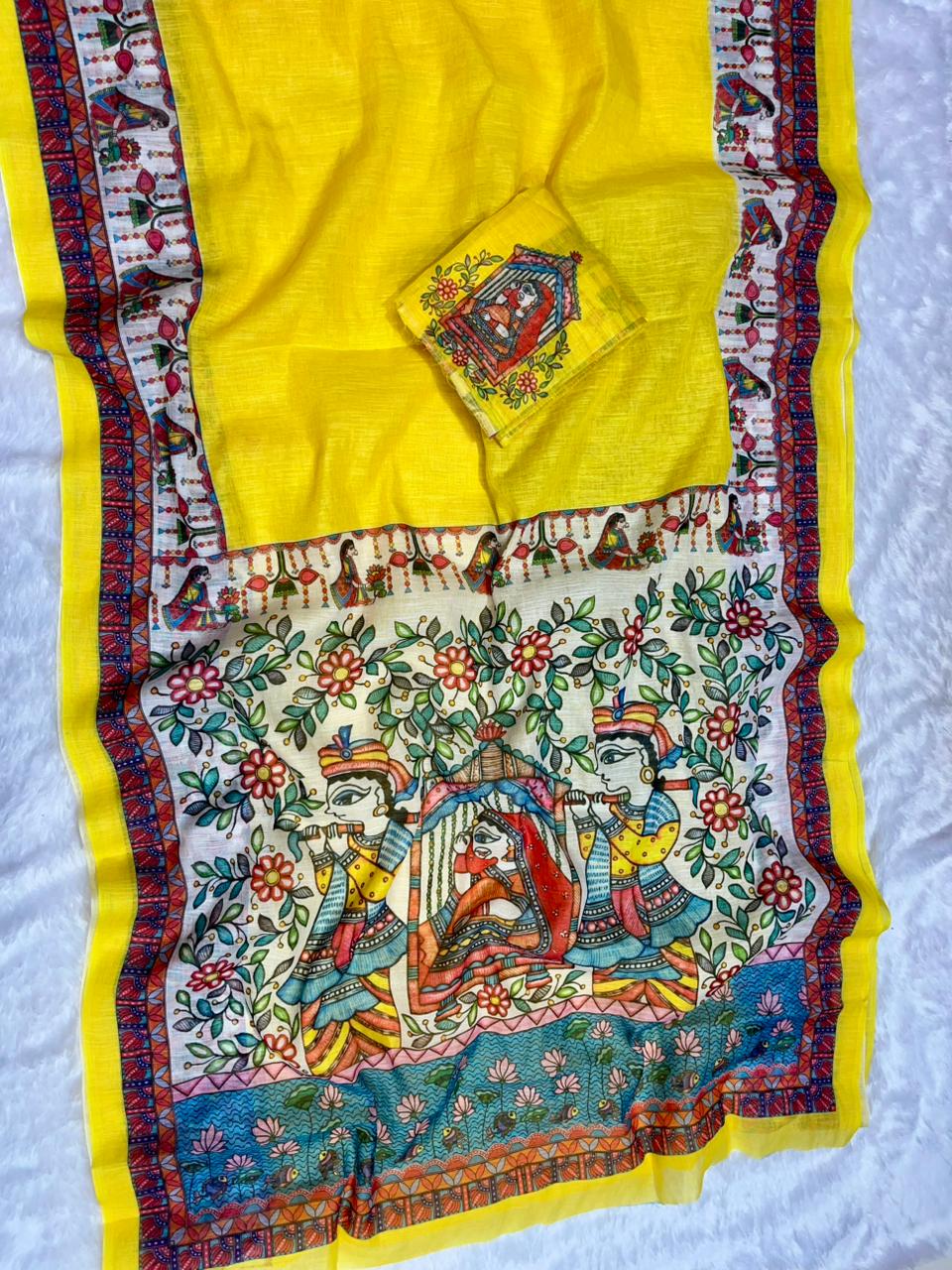 Yellow Cotton Linen Saree with Madhubani Digital Prints