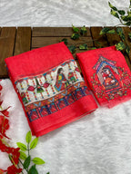 Gajri Cotton Linen Saree with Madhubani Digital Prints