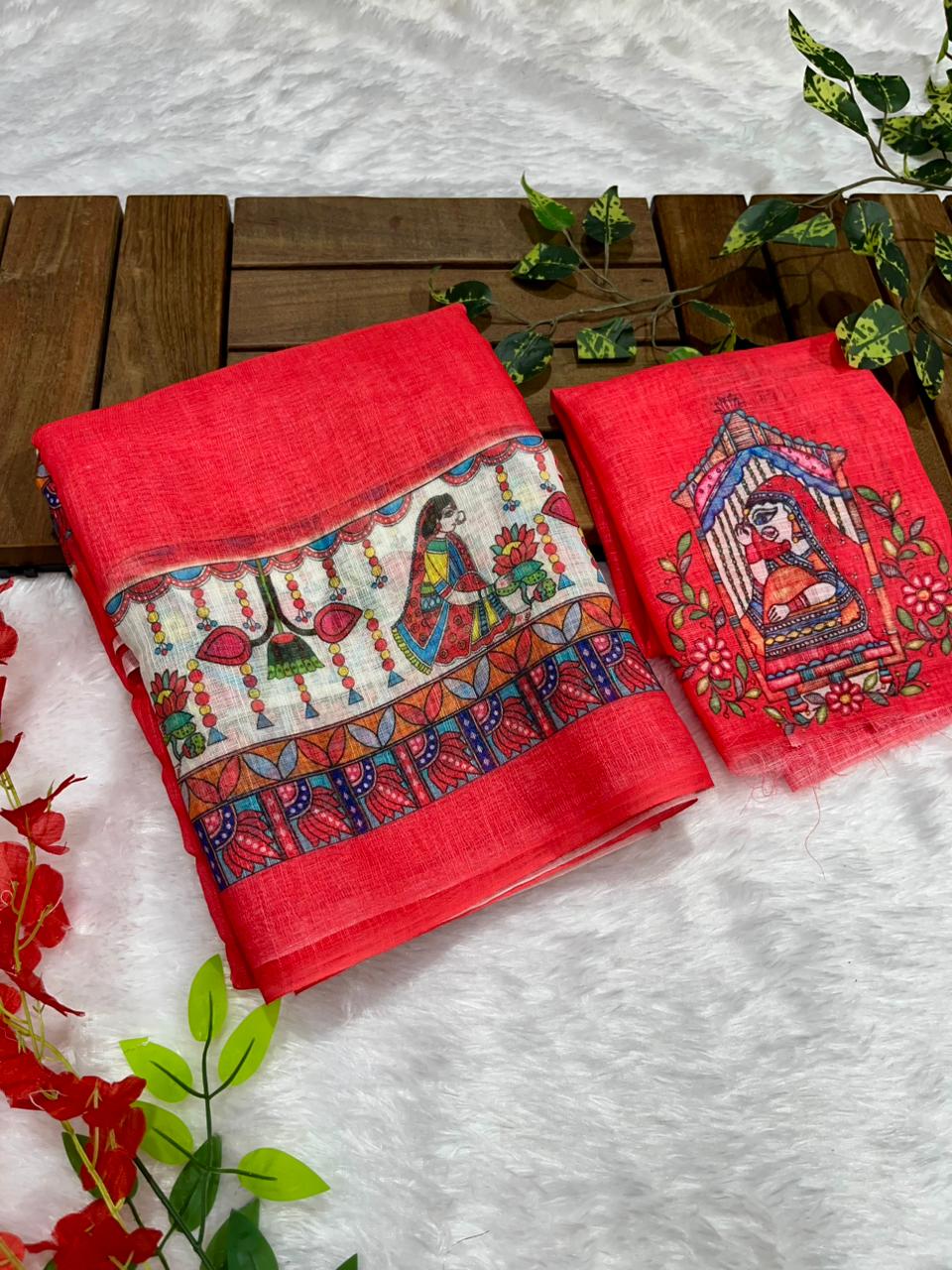 Gajri Cotton Linen Saree with Madhubani Digital Prints