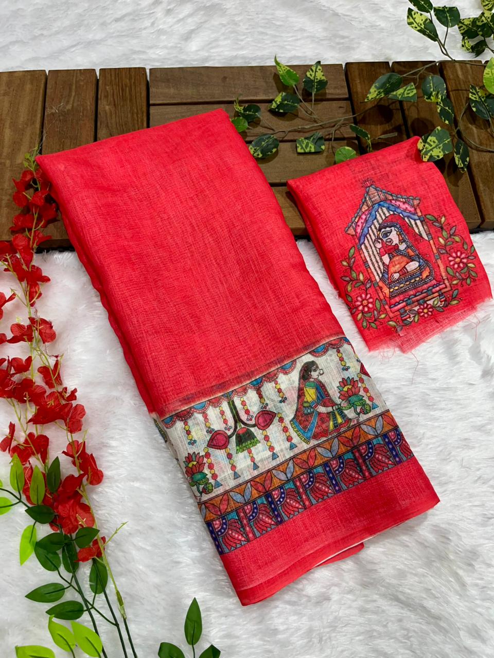 Gajri Cotton Linen Saree with Madhubani Digital Prints