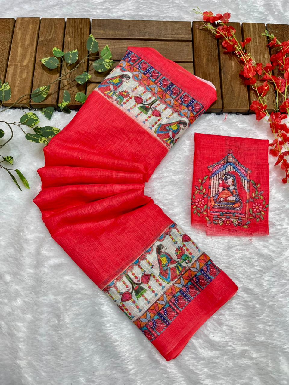 Gajri Cotton Linen Saree with Madhubani Digital Prints
