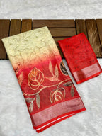 Soft Linen Cotton Saree with Batik Digital Prints & Silver Zari Border