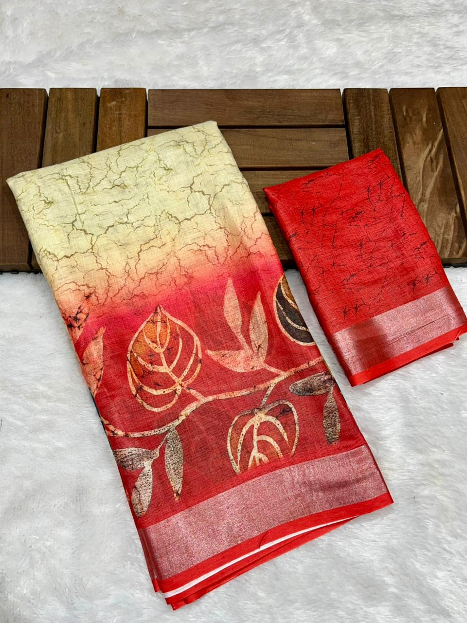 Soft Linen Cotton Saree with Batik Digital Prints & Silver Zari Border