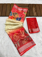 Soft Linen Cotton Saree with Batik Digital Prints & Silver Zari Border