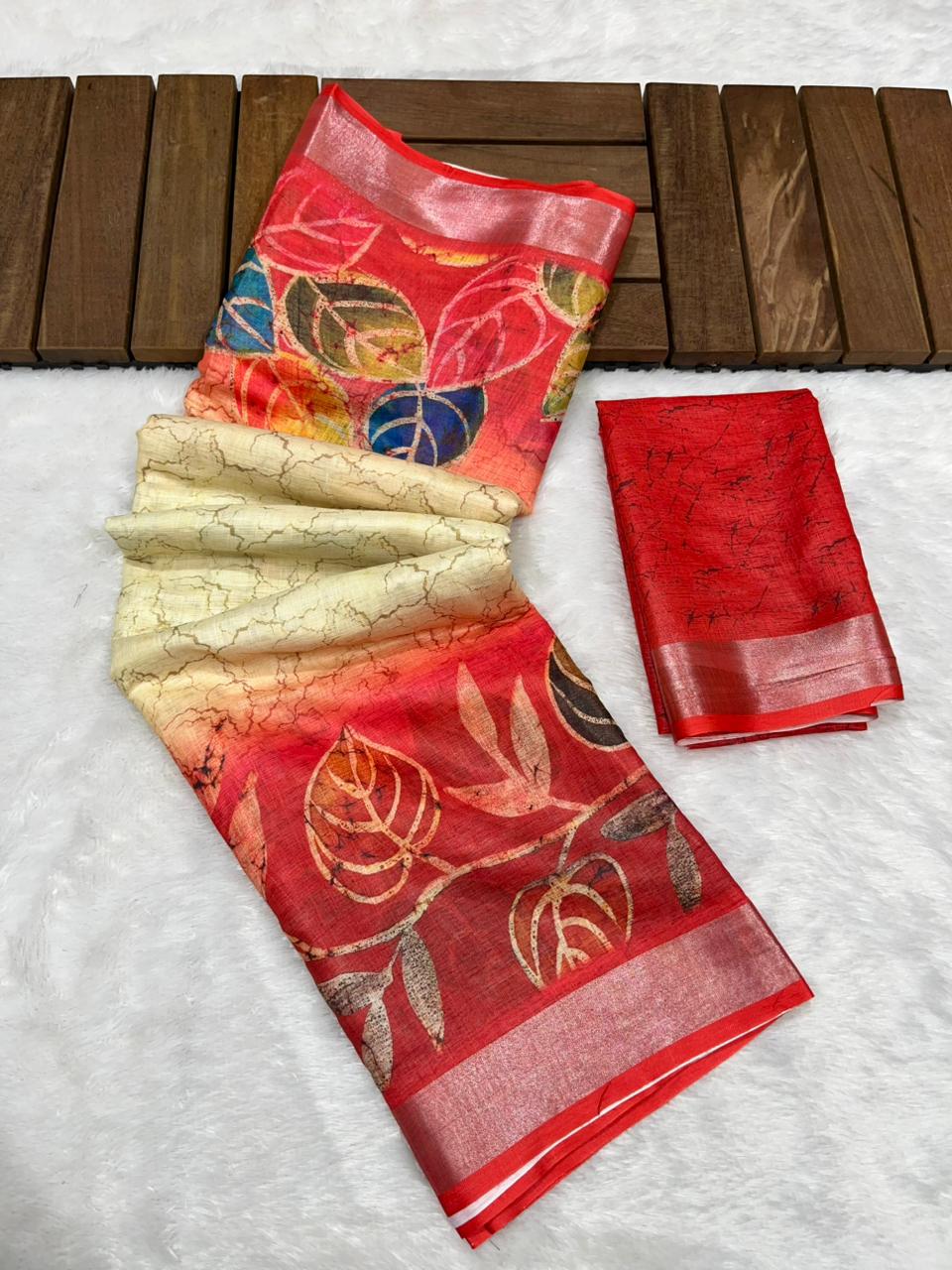 Soft Linen Cotton Saree with Batik Digital Prints & Silver Zari Border