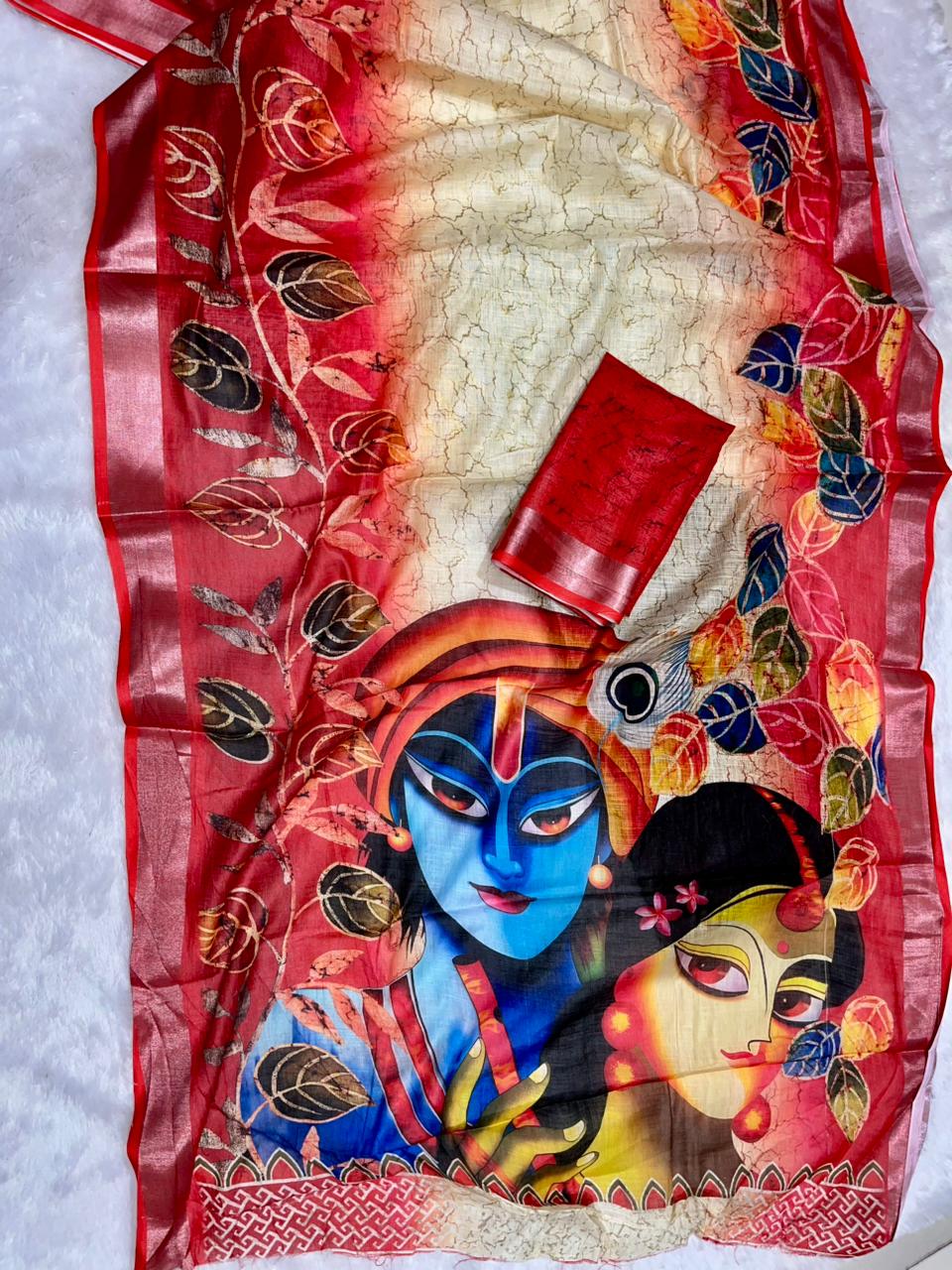 Soft Linen Cotton Saree with Batik Digital Prints & Silver Zari Border