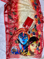 Soft Linen Cotton Saree with Batik Digital Prints & Silver Zari Border