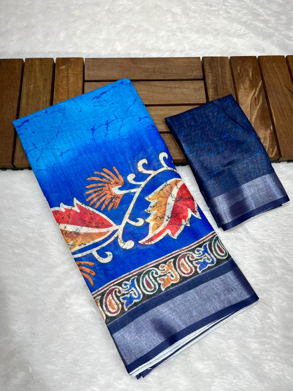 Soft Linen Cotton Saree with Batik Digital Prints & Silver Zari Border