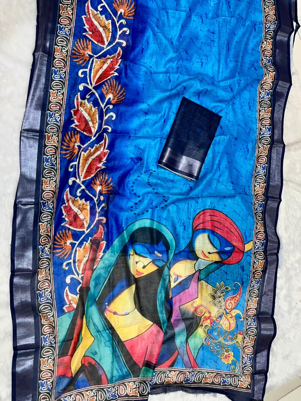 Soft Linen Cotton Saree with Batik Digital Prints & Silver Zari Border