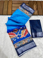 Soft Linen Cotton Saree with Batik Digital Prints & Silver Zari Border