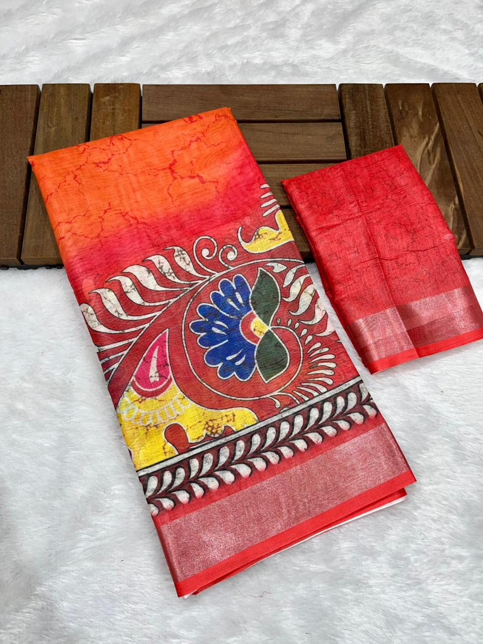 Soft Linen Cotton Saree with Batik Digital Prints & Silver Zari Border