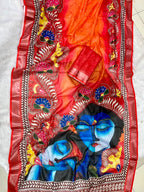 Soft Linen Cotton Saree with Batik Digital Prints & Silver Zari Border