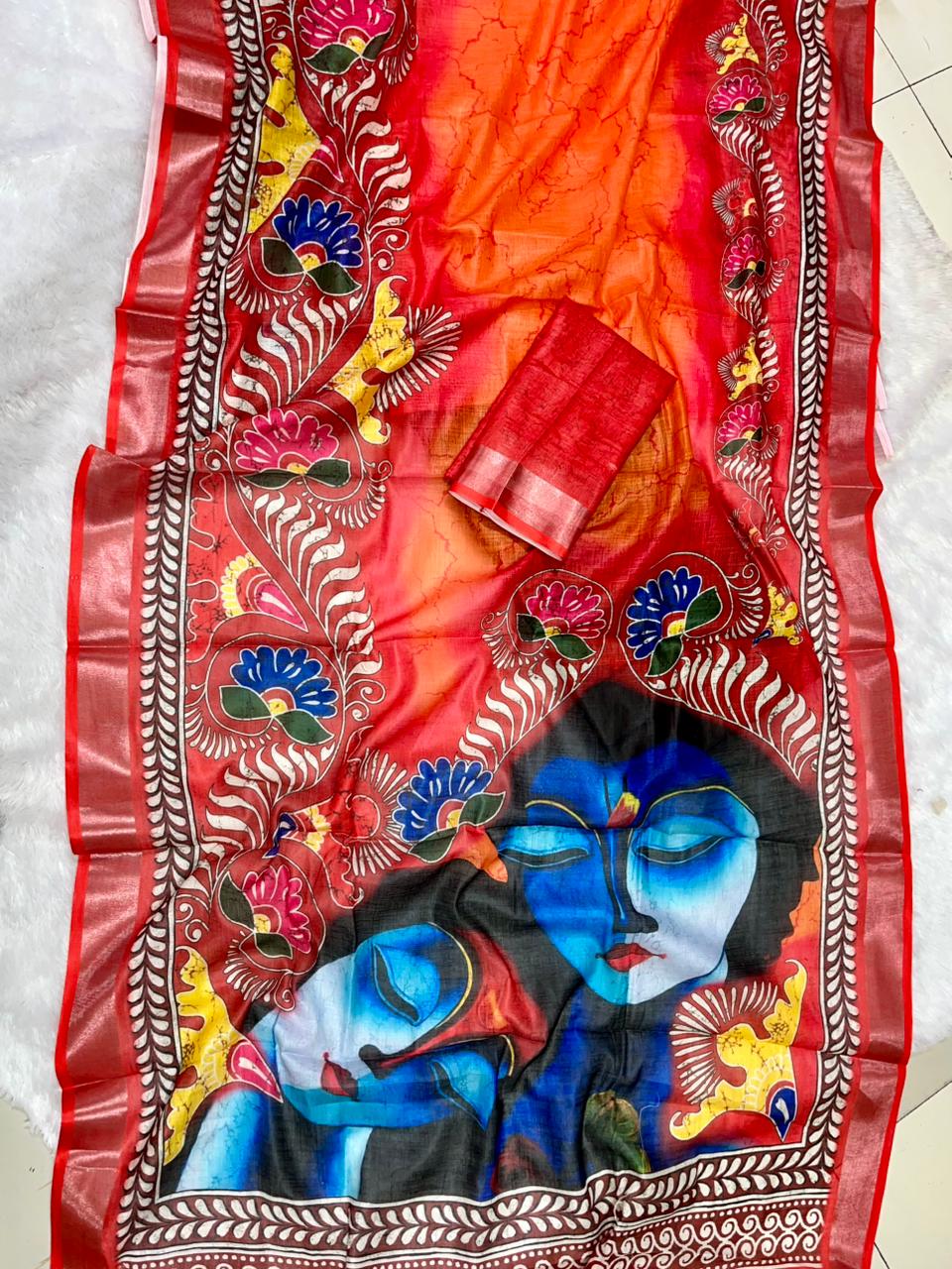 Soft Linen Cotton Saree with Batik Digital Prints & Silver Zari Border