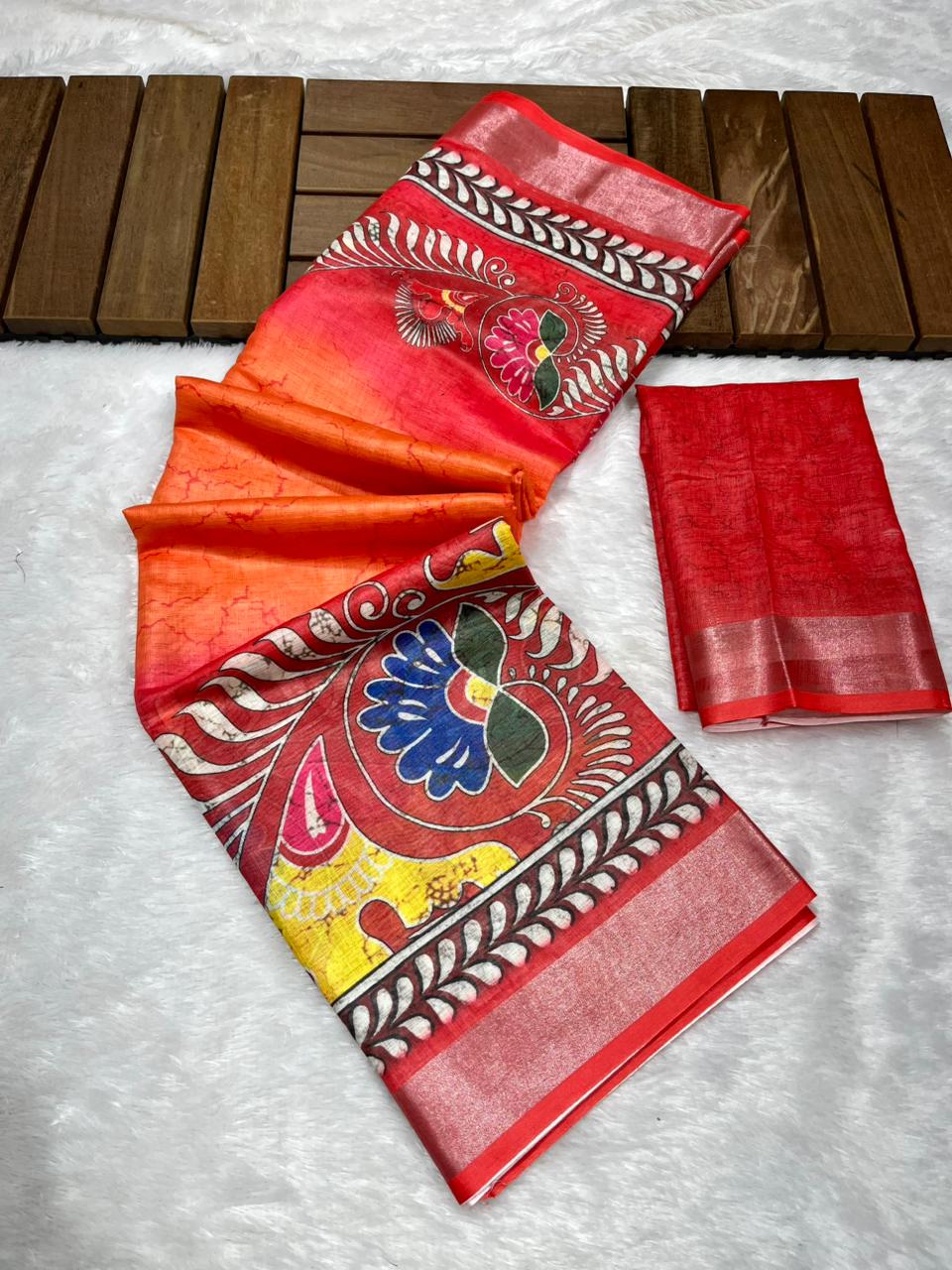 Soft Linen Cotton Saree with Batik Digital Prints & Silver Zari Border