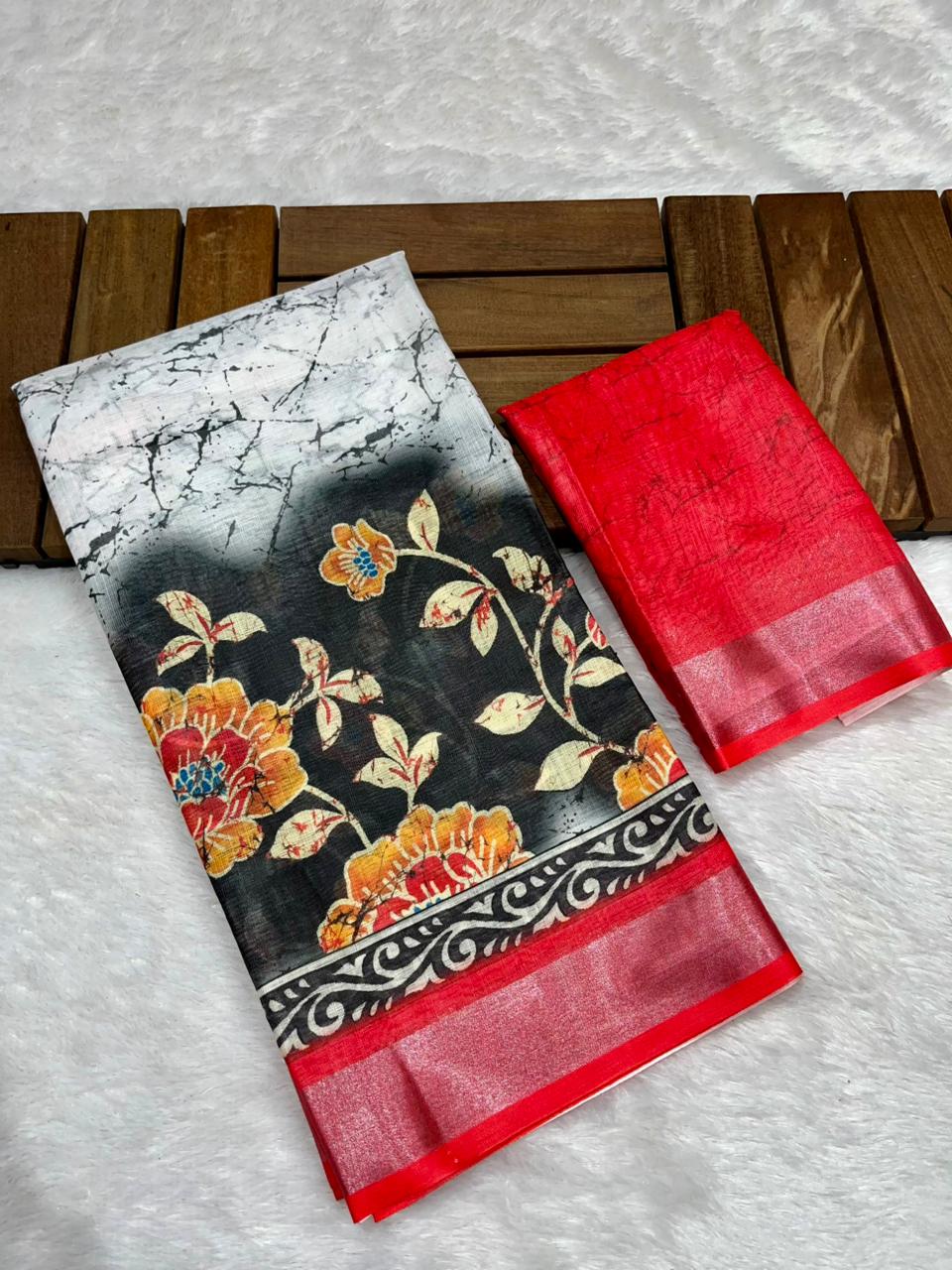 Soft Linen Cotton Saree with Batik Digital Prints & Silver Zari Border