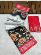 Soft Linen Cotton Saree with Batik Digital Prints & Silver Zari Border