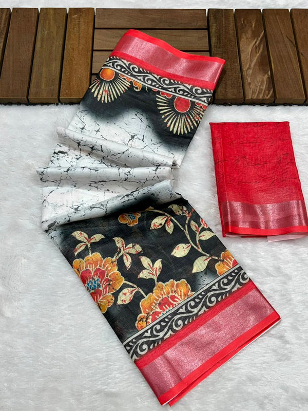 Soft Linen Cotton Saree with Batik Digital Prints & Silver Zari Border