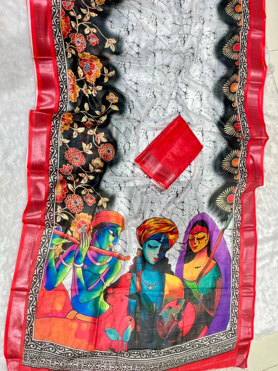 Soft Linen Cotton Saree with Batik Digital Prints & Silver Zari Border