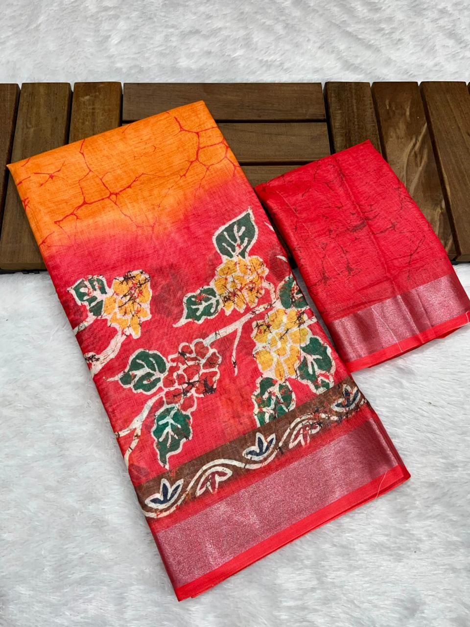 Soft Linen Cotton Saree with Batik Digital Prints & Silver Zari Border