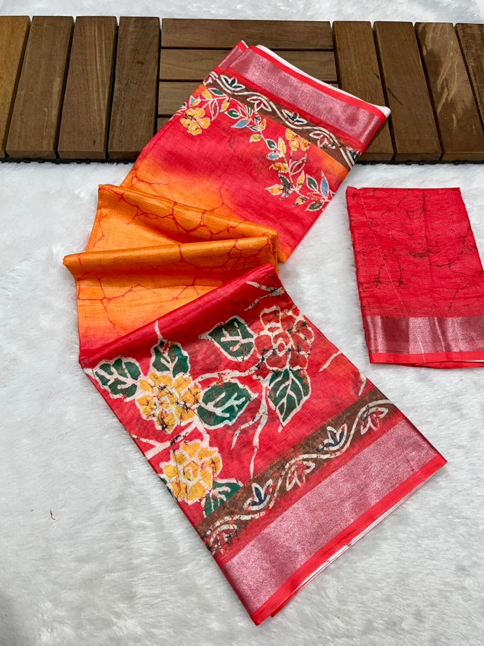 Soft Linen Cotton Saree with Batik Digital Prints & Silver Zari Border