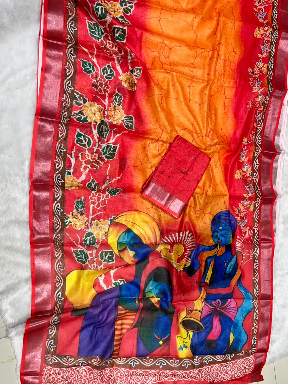 Soft Linen Cotton Saree with Batik Digital Prints & Silver Zari Border