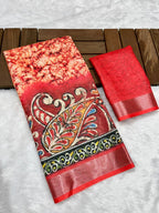 Soft Linen Cotton Saree with Batik Digital Prints & Silver Zari Border
