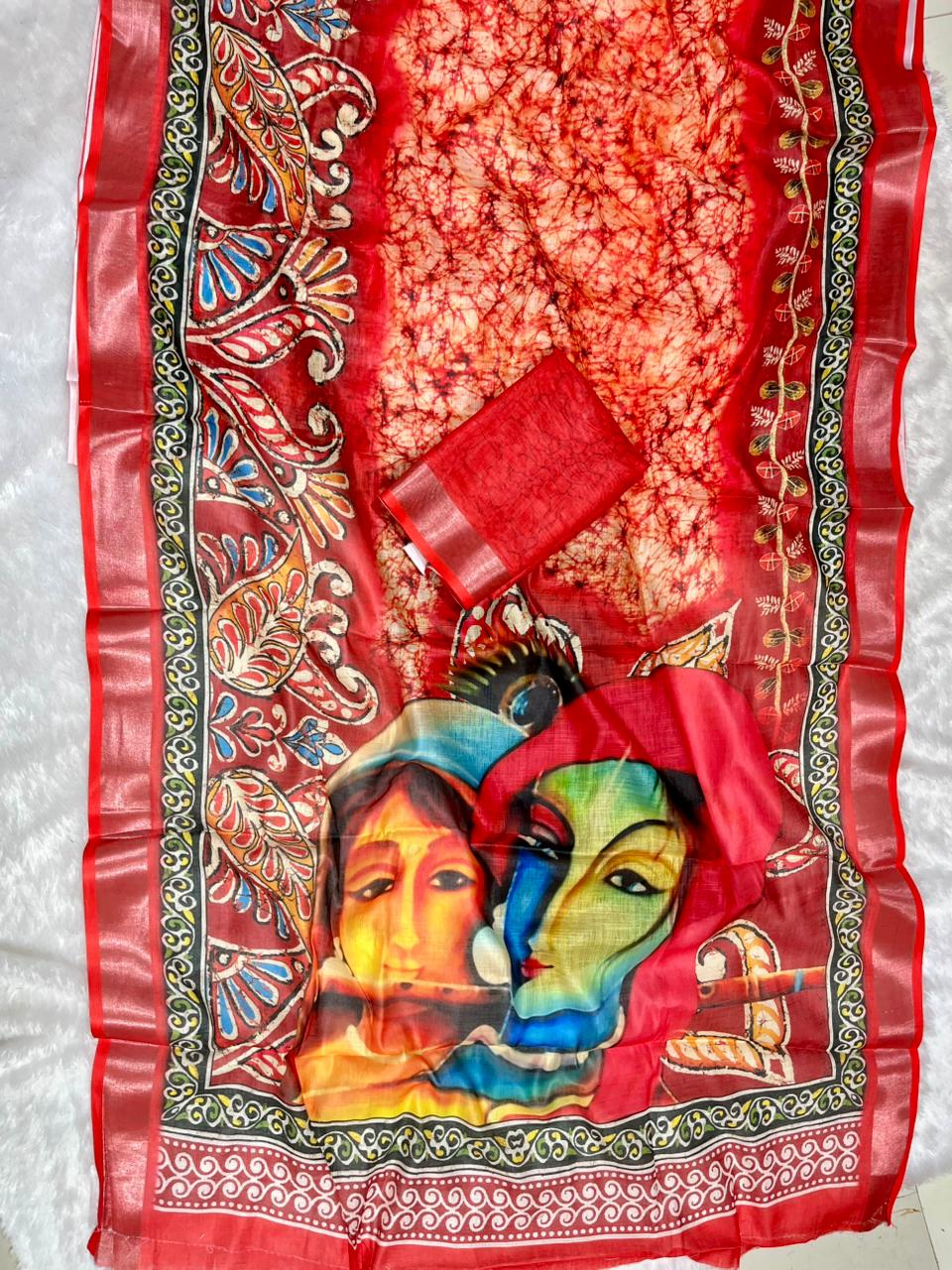 Soft Linen Cotton Saree with Batik Digital Prints & Silver Zari Border