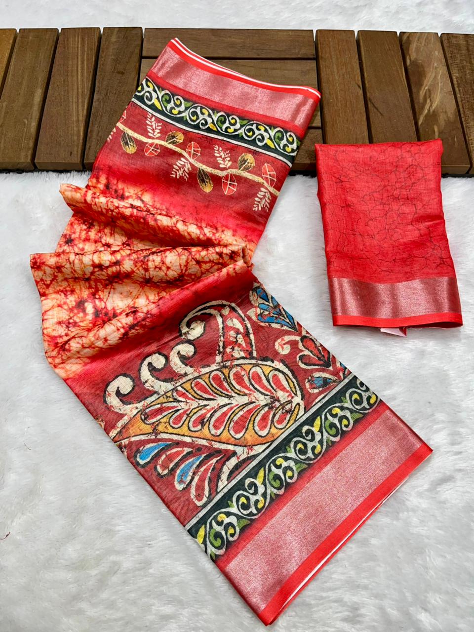 Soft Linen Cotton Saree with Batik Digital Prints & Silver Zari Border