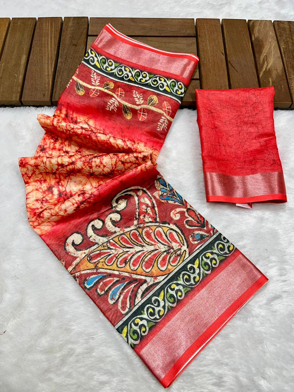 Soft Linen Cotton Saree with Batik Digital Prints & Silver Zari Border