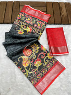 Soft Linen Cotton Saree with Batik Digital Prints & Silver Zari Border