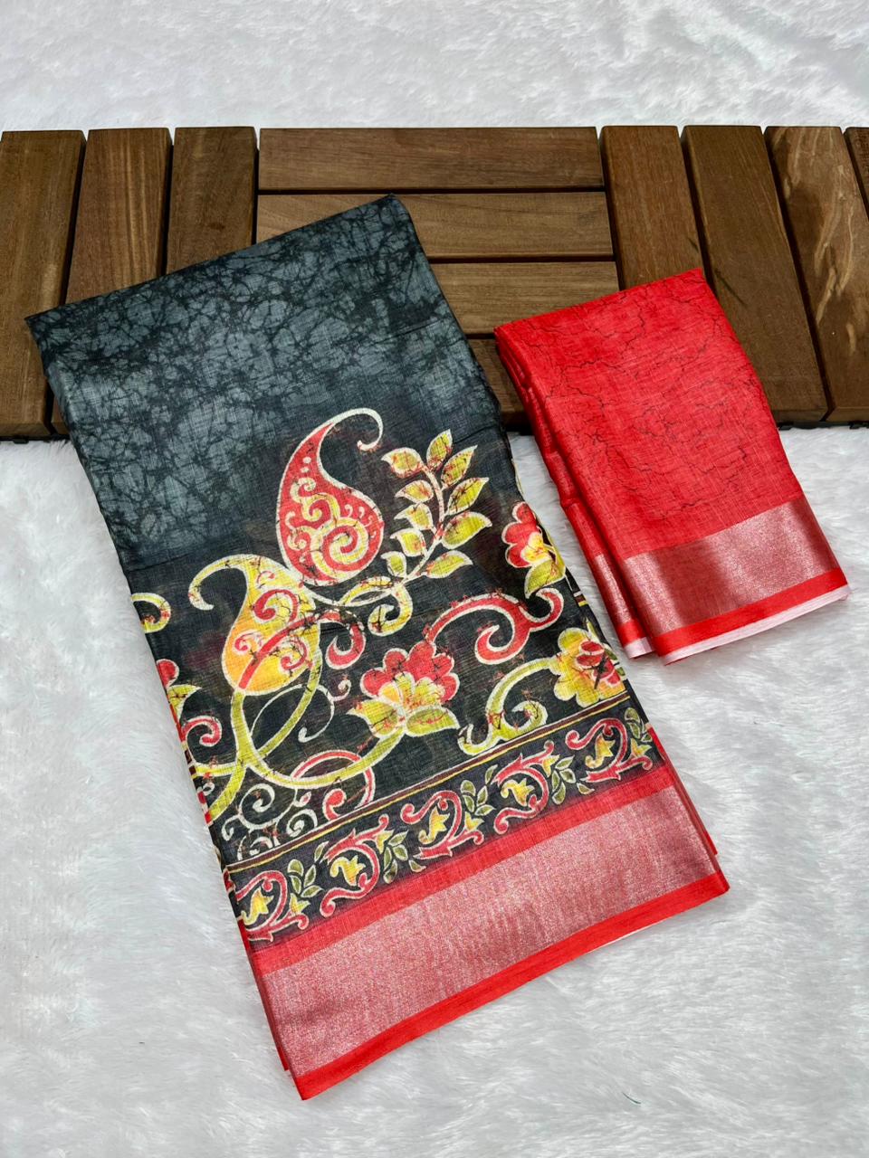 Soft Linen Cotton Saree with Batik Digital Prints & Silver Zari Border