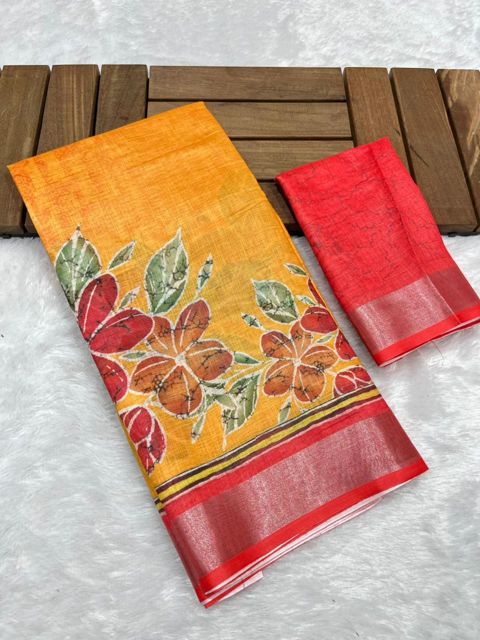 Soft Linen Cotton Saree with Batik Digital Prints & Silver Zari Border