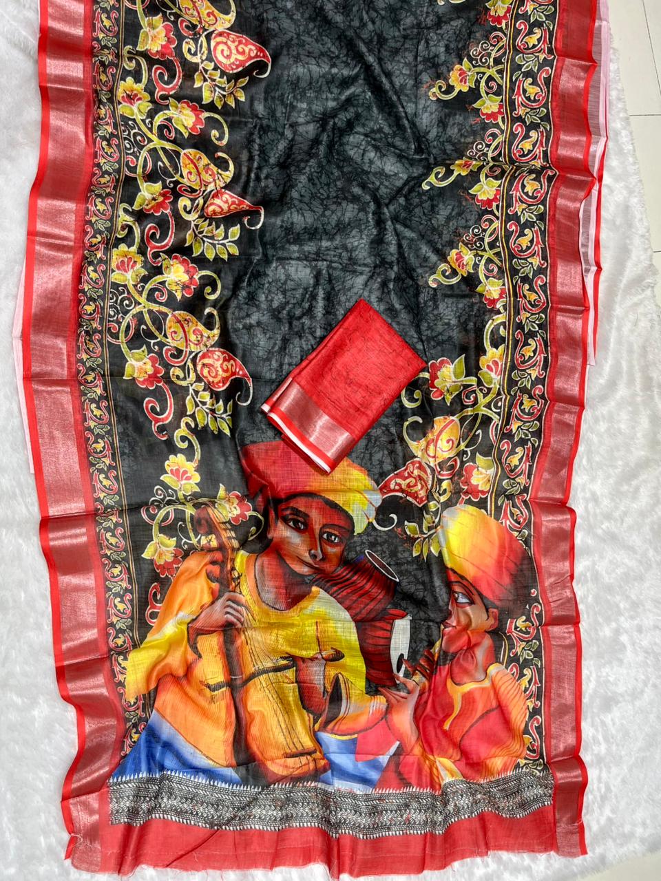 Soft Linen Cotton Saree with Batik Digital Prints & Silver Zari Border